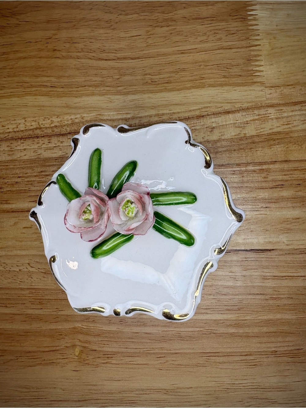 Vintage Magnolia Porcelain Trinket Dish | Hand-Painted Pink Roses Jewelry Dish